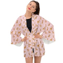 Cute Chihuahua With Sparkles On A Pink Background Long Sleeve Kimono by SychEva