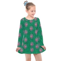 Lotus Bloom In The Blue Sea Of Peacefulness Kids  Long Sleeve Dress by pepitasart