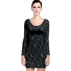 Turquoise Abstract Flowers With Splashes On A Dark Background  Abstract Print Long Sleeve Velvet Bodycon Dress by SychEva