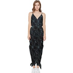 Turquoise Abstract Flowers With Splashes On A Dark Background  Abstract Print Sleeveless Tie Ankle Jumpsuit by SychEva