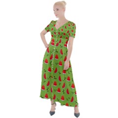 Juicy Slices Of Watermelon On A Green Background Button Up Short Sleeve Maxi Dress by SychEva