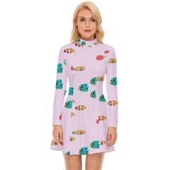 Marine Fish Multicolored On A Pink Background Long Sleeve Velour Longline Dress by SychEva