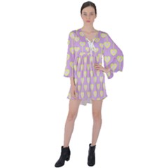 Yellow Hearts On A Light Purple Background V-neck Flare Sleeve Mini Dress by SychEva