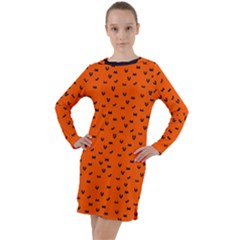 Halloween, Black Bats Pattern On Orange Long Sleeve Hoodie Dress by Casemiro