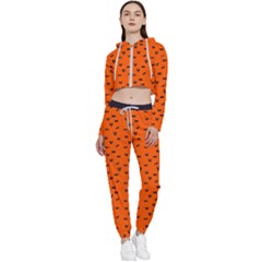 Halloween, Black Bats Pattern On Orange Cropped Zip Up Lounge Set by Casemiro