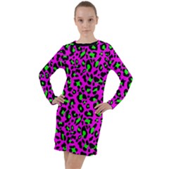 Pink And Green Leopard Spots Pattern Long Sleeve Hoodie Dress by Casemiro