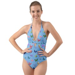 Multicolored Butterflies Whirl Halter Cut-out One Piece Swimsuit by SychEva