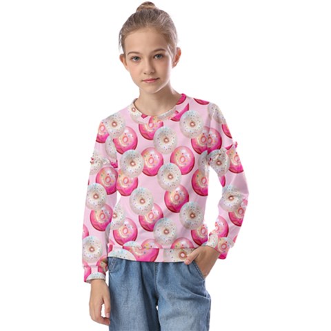 Pink And White Donuts Kids  Long Sleeve Tee With Frill  by SychEva