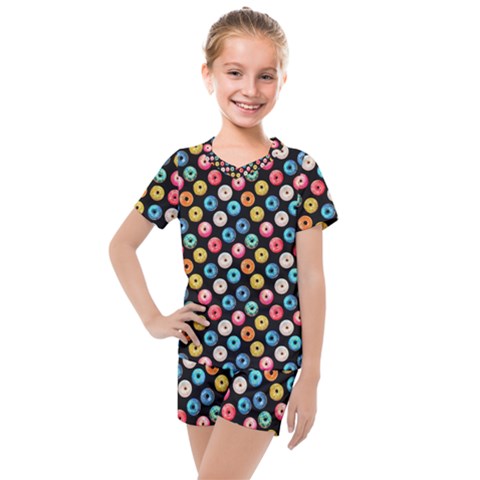 Multicolored Donuts On A Black Background Kids  Mesh Tee And Shorts Set by SychEva