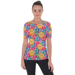 Multicolored Donuts Shoulder Cut Out Short Sleeve Top by SychEva