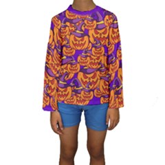 Purple And Orange Pumpkins, Crazy Halloween Pattern, Jack O  Lantern Kids  Long Sleeve Swimwear by Casemiro