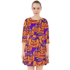 Purple And Orange Pumpkins, Crazy Halloween Pattern, Jack O  Lantern Smock Dress by Casemiro