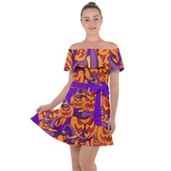 Purple And Orange Pumpkins, Crazy Halloween Pattern, Jack O  Lantern Off Shoulder Velour Dress by Casemiro