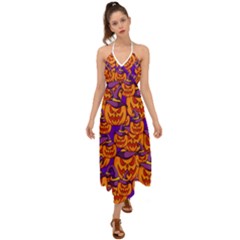 Purple And Orange Pumpkins, Crazy Halloween Pattern, Jack O  Lantern Halter Tie Back Dress  by Casemiro