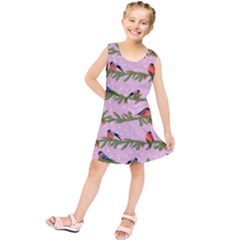 Bullfinches Sit On Branches On A Pink Background Kids  Tunic Dress by SychEva