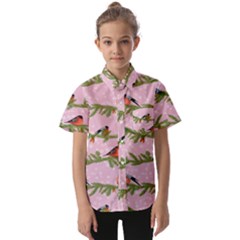 Bullfinches Sit On Branches On A Pink Background Kids  Short Sleeve Shirt by SychEva