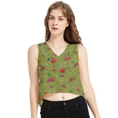 Red Cherries Athletes V-neck Cropped Tank Top by SychEva