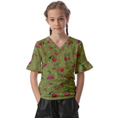 Red Cherries Athletes Kids  V-neck Horn Sleeve Blouse by SychEva