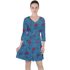 Red Cherries Athletes Quarter Sleeve Ruffle Waist Dress by SychEva