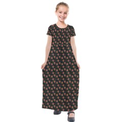 Small Red Christmas Poinsettias On Black Kids  Short Sleeve Maxi Dress by PodArtist