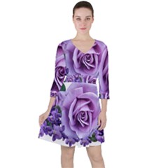 Roses-violets-flowers-arrangement Quarter Sleeve Ruffle Waist Dress by Pakrebo