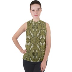 Folk Flowers Print Floral Pattern Ethnic Art Mock Neck Chiffon Sleeveless Top by Eskimos