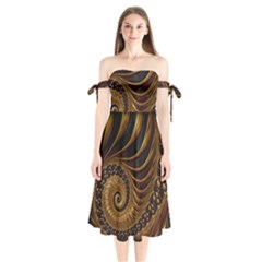 Shell Fractal In Brown Shoulder Tie Bardot Midi Dress by SomethingForEveryone