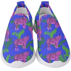 Pink Tigers On A Blue Background Kids  Slip On Sneakers by SychEva