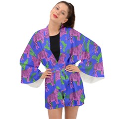 Pink Tigers On A Blue Background Long Sleeve Kimono by SychEva