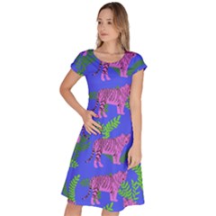 Pink Tigers On A Blue Background Classic Short Sleeve Dress by SychEva