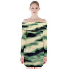 Green  Waves Abstract Series No14 Long Sleeve Off Shoulder Dress by DimitriosArt