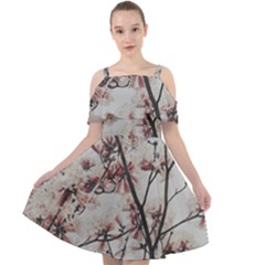 Botanical Scene Textured Beauty Print Cut Out Shoulders Chiffon Dress by dflcprintsclothing