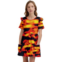 Red  Waves Abstract Series No17 Kids  Frilly Sleeves Pocket Dress by DimitriosArt