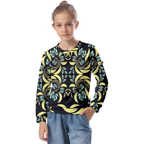 Floral Folk Damask Pattern Fantasy Flowers  Kids  Long Sleeve Tee With Frill  by Eskimos