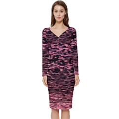 Pink  Waves Flow Series 11 Long Sleeve V-neck Bodycon Dress  by DimitriosArt