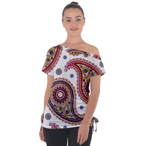 Paisley Pattern Off Shoulder Tie-up Tee by befabulous