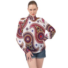 Paisley Pattern High Neck Long Sleeve Chiffon Top by befabulous