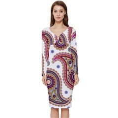 Paisley Pattern Long Sleeve V-neck Bodycon Dress  by befabulous