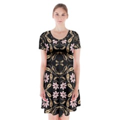 Folk Flowers Print Floral Pattern Ethnic Art Short Sleeve V-neck Flare Dress by Eskimos