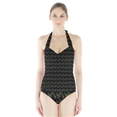 Fern Pattern 2 Black Halter Swimsuit by violetheavensky