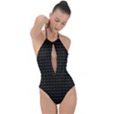 Fern Pattern 2 Black Plunge Cut Halter Swimsuit View1