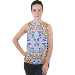 Floral Folk Damask Pattern Fantasy Flowers  Mock Neck Chiffon Sleeveless Top by Eskimos