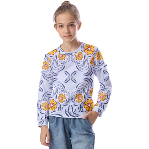 Floral Folk Damask Pattern Fantasy Flowers  Kids  Long Sleeve Tee With Frill  by Eskimos