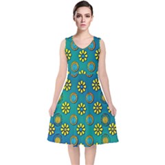 Yellow And Blue Proud Blooming Flowers V-neck Midi Sleeveless Dress  by pepitasart