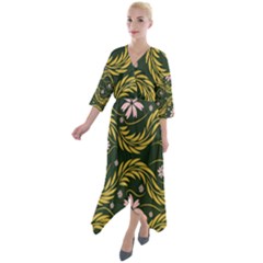 Folk Flowers Print Floral Pattern Ethnic Art Quarter Sleeve Wrap Front Maxi Dress by Eskimos