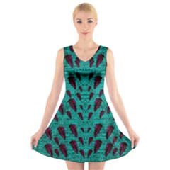 Leaves On Adorable Peaceful Captivating Shimmering Colors V-neck Sleeveless Dress by pepitasart