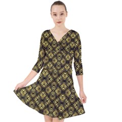 Tiled Mozaic Pattern, Gold And Black Color Symetric Design Quarter Sleeve Front Wrap Dress by Casemiro