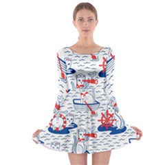 Nautical Cats Seamless Pattern Long Sleeve Skater Dress by Jancukart