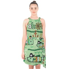 Seamless Pattern Fishes Pirates Cartoon Halter Collar Waist Tie Chiffon Dress by Jancukart