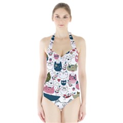 Pattern With Cute Cat Heads Halter Swimsuit by Jancukart